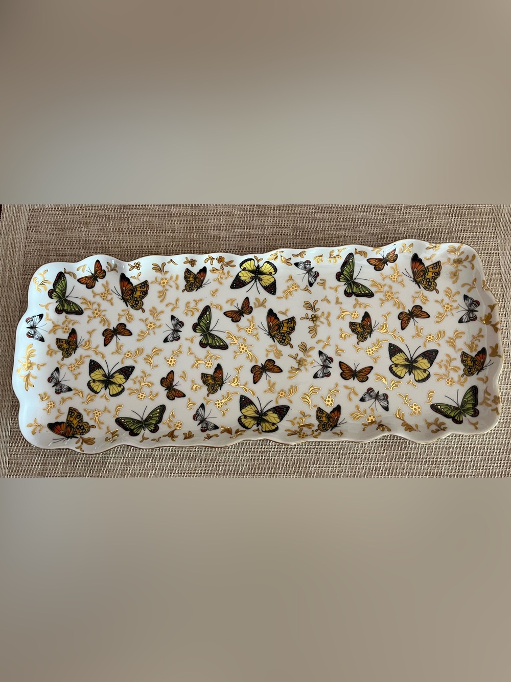 Butterfly Motif Scalloped Serving Dish With Gold Designs and Edges
